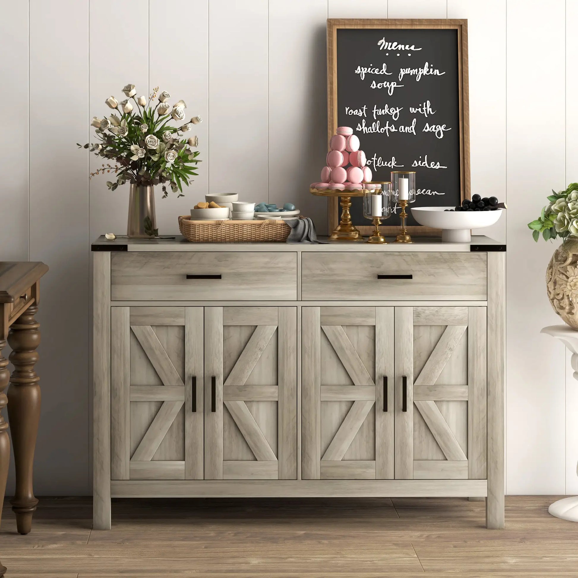 Farmhouse Buffet Cabinet, 2 Drawers, 2 Cabinets, Adjustable Shelves, Grey Bar Cabinets at Gallery Canada