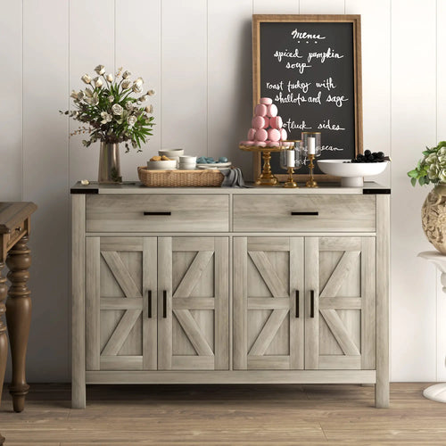 Farmhouse Buffet Cabinet, 2 Drawers, 2 Cabinets, Adjustable Shelves, Grey