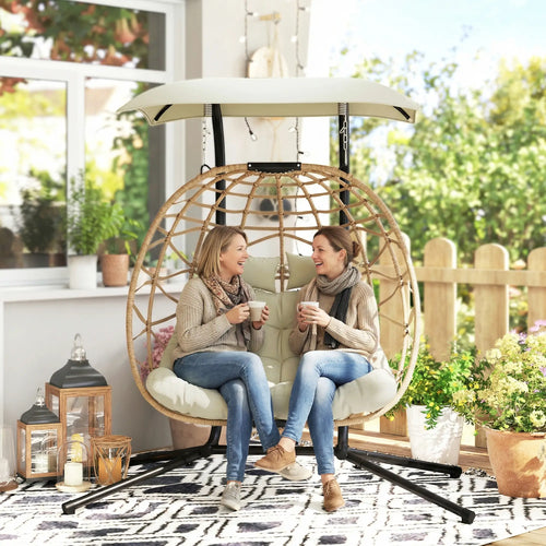 Double Wicker Egg Swing Chair With Canopy, Foldable, Beige