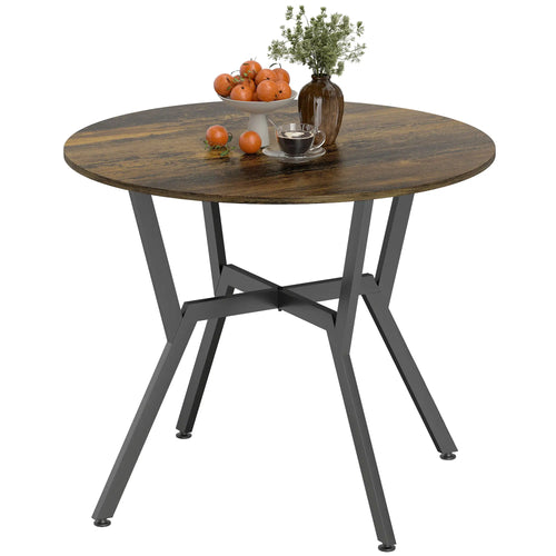 35 Inch Round Dining Table, Steel Frame, Rustic Brown