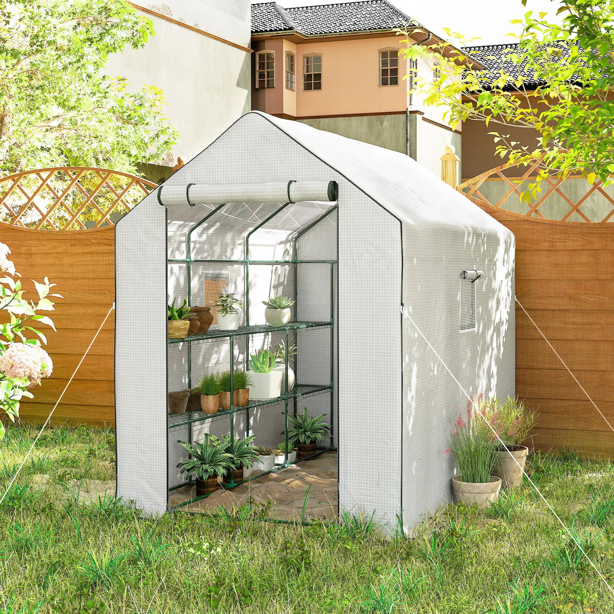 Walk-In Greenhouse, 3 Tier, Roll-Up Door, Mesh Windows, 140 x 213 x 190 cm, White Walk In Greenhouses at Gallery Canada
