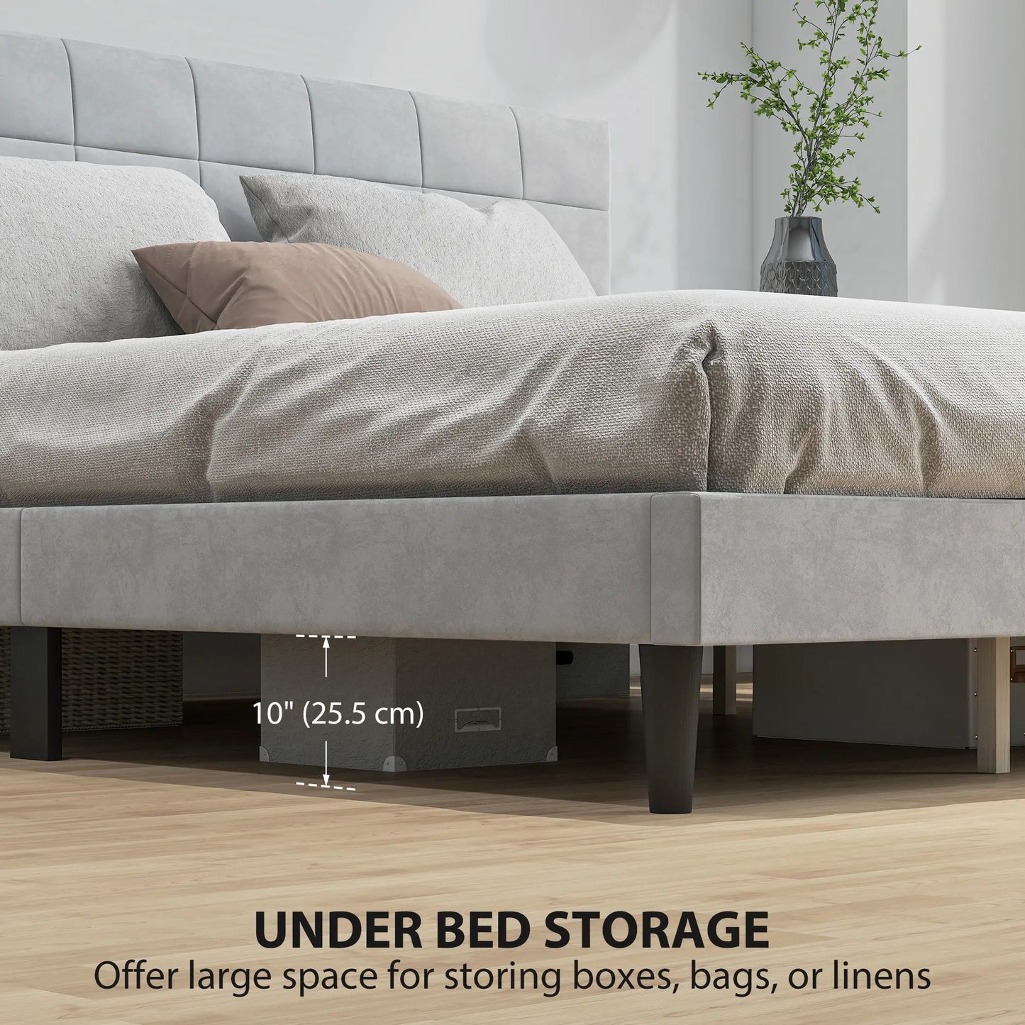 King Size Bed Frame, Upholstered Headboard, Wood Slats, 1100 lbs, Grey Bed Frames at Gallery Canada