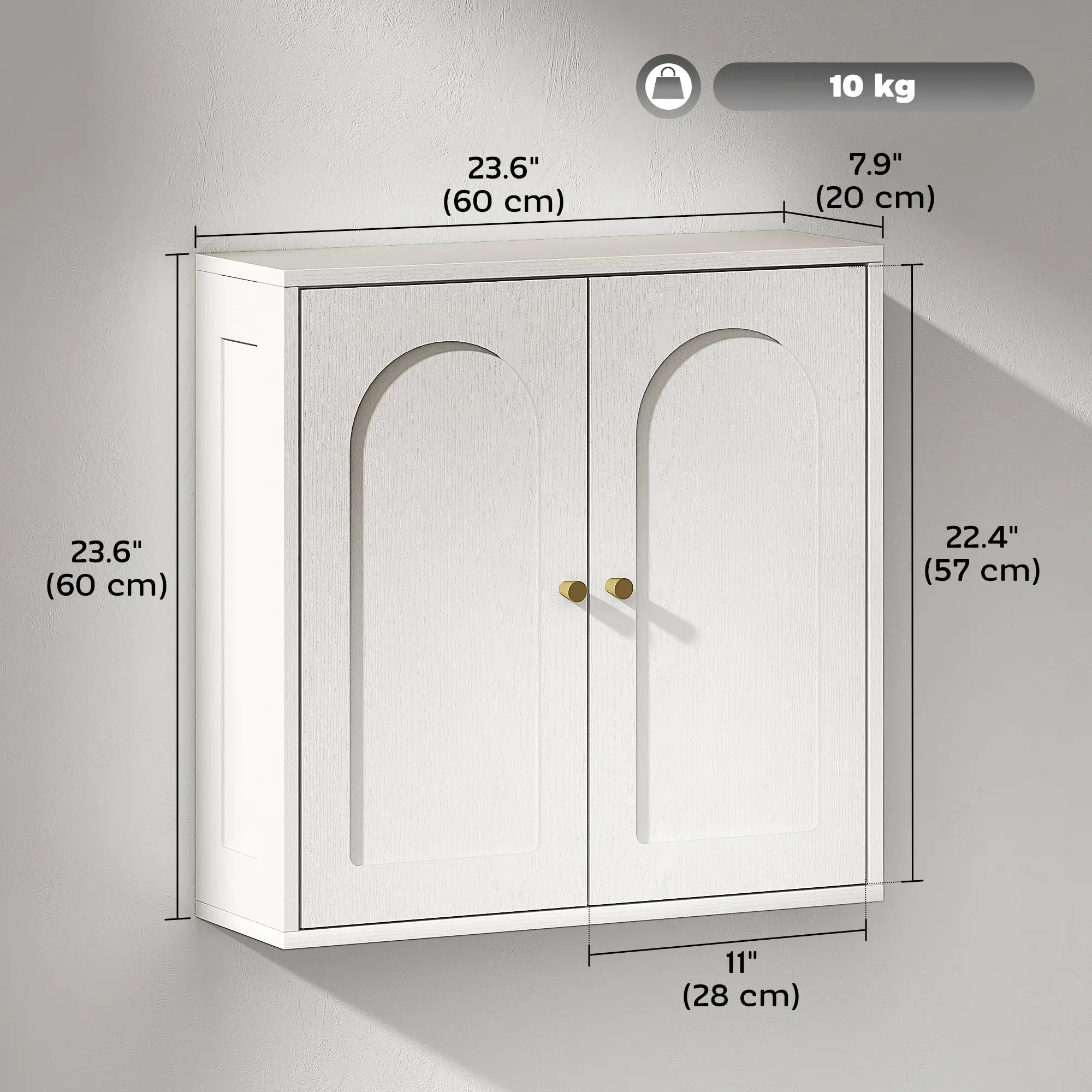 Modern Medicine Cabinet, Wood Grain, 2 Arched Doors, Gold Handles, White Bathroom Cabinets at Gallery Canada