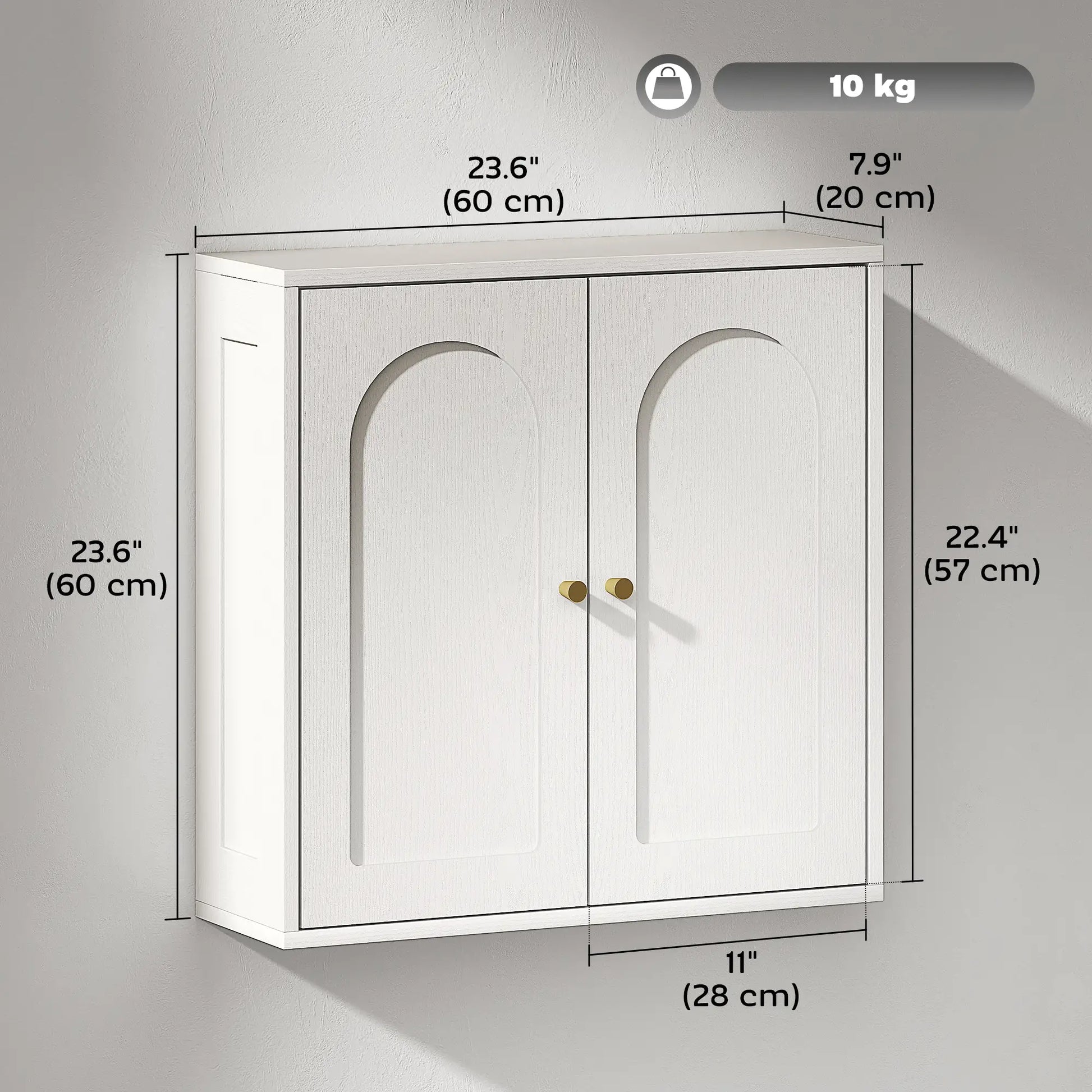 Modern Medicine Cabinet, Wood Grain, 2 Arched Doors, Gold Handles, White Bathroom Cabinets at Gallery Canada