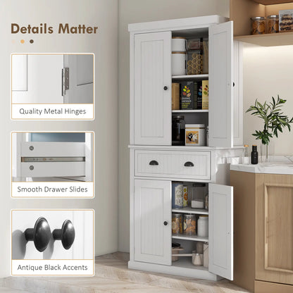 72" Kitchen Pantry, Freestanding Storage Cabinet, White Kitchen Pantry Cabinets at Gallery Canada