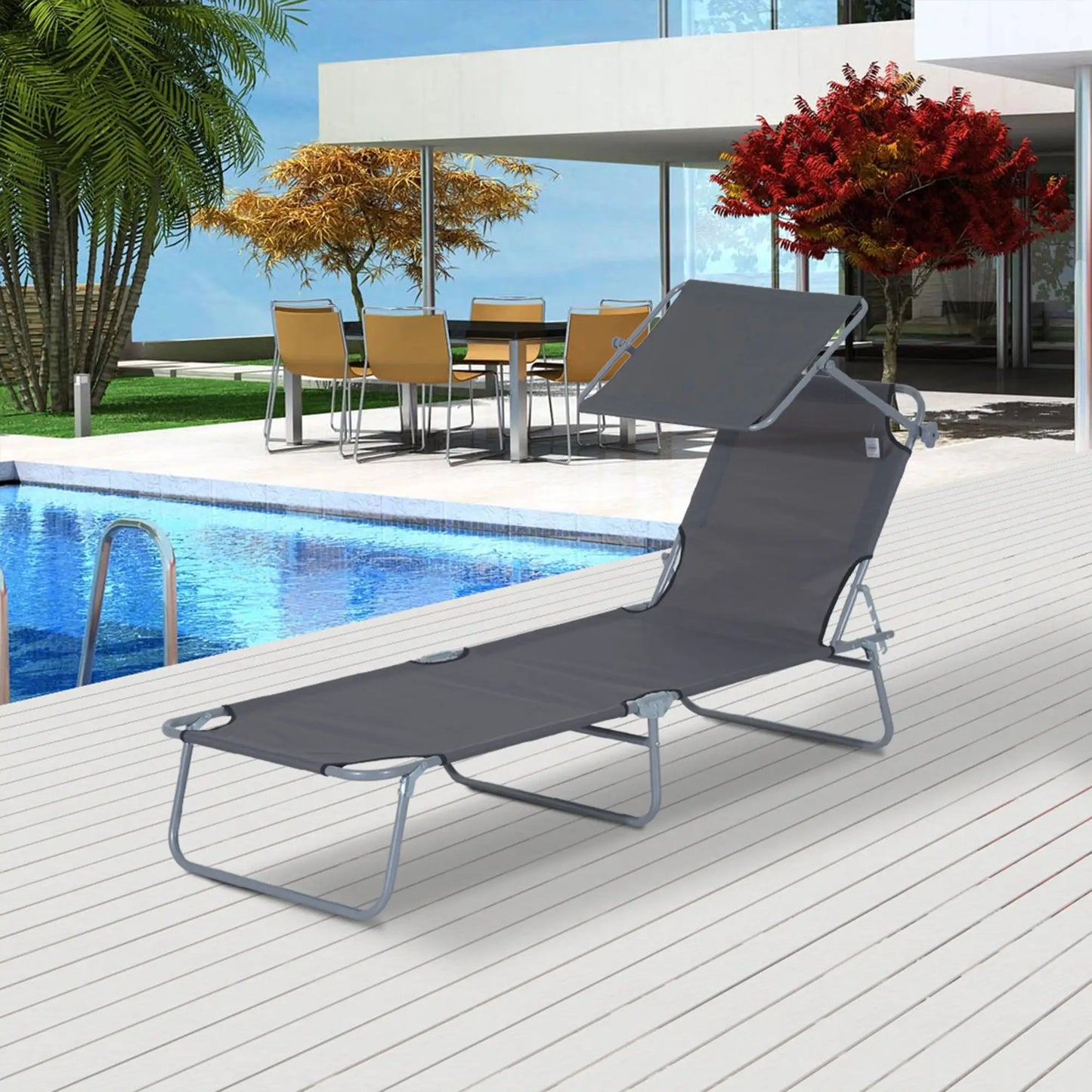 Outdoor Lounge Chair, Adjustable Folding Chaise, Tanning Chair with Shade, Grey Lounger Chairs at Gallery Canada