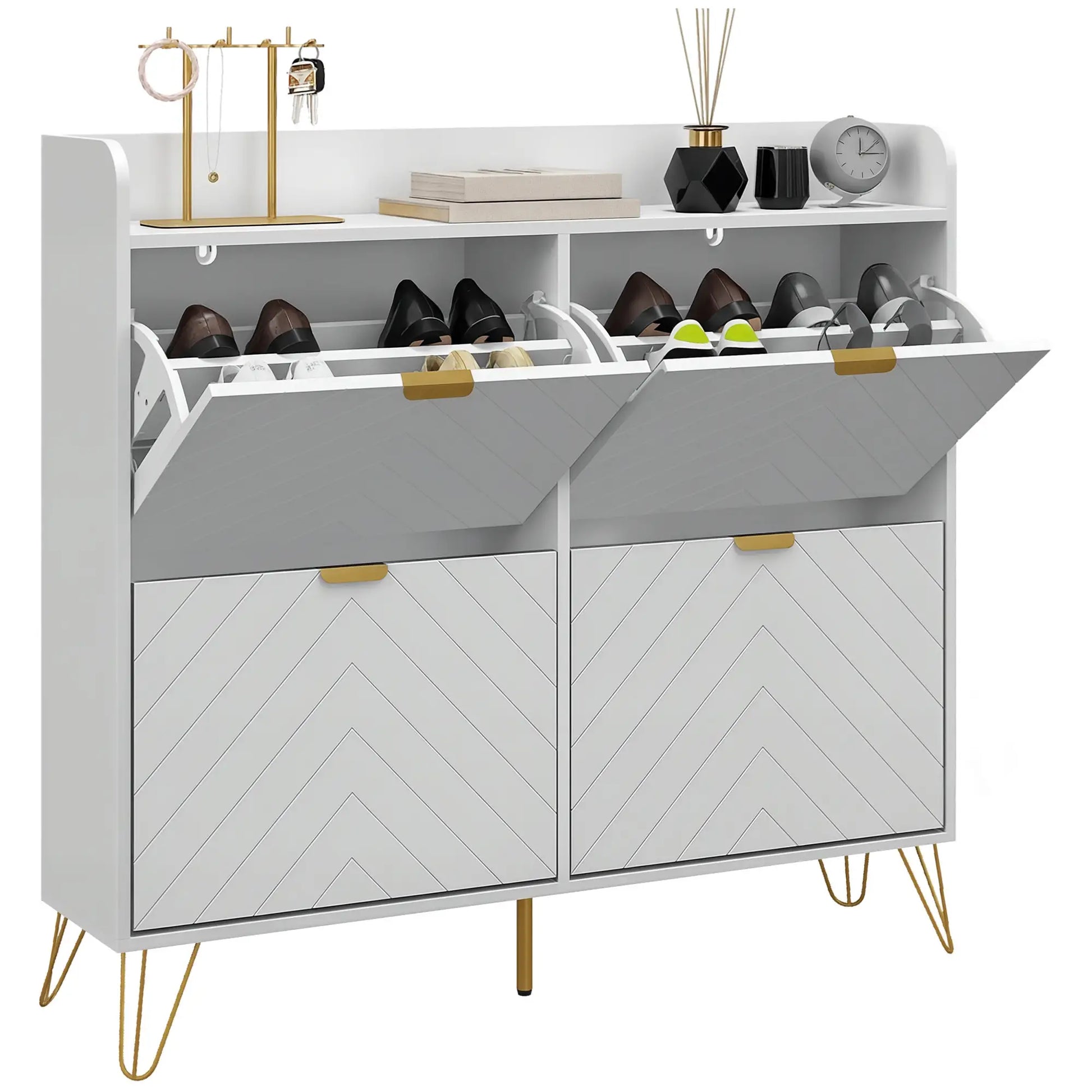 Shoe Storage Cabinet, 4 Flip Drawers, Adjustable Shelf, Holds 16 Pairs, White Shoe Storage Cabinets & Racks at Gallery Canada