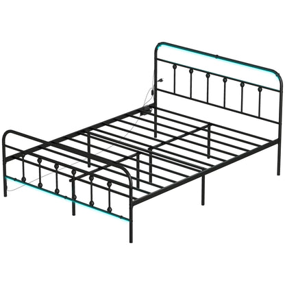 Queen Bed Frame With LED Lights, Charging Station, Under Bed Storage, Black Bed Frames Black at Gallery Canada
