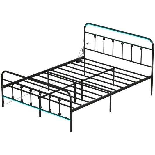 Queen Bed Frame With LED Lights, Charging Station, Under Bed Storage, Black Bed Frames Black at Gallery Canada
