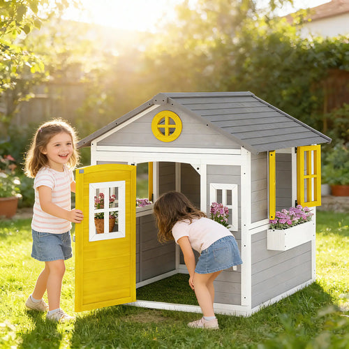 Wooden Playhouse For Kids, With Door, Windows, Planter Pots, Grey