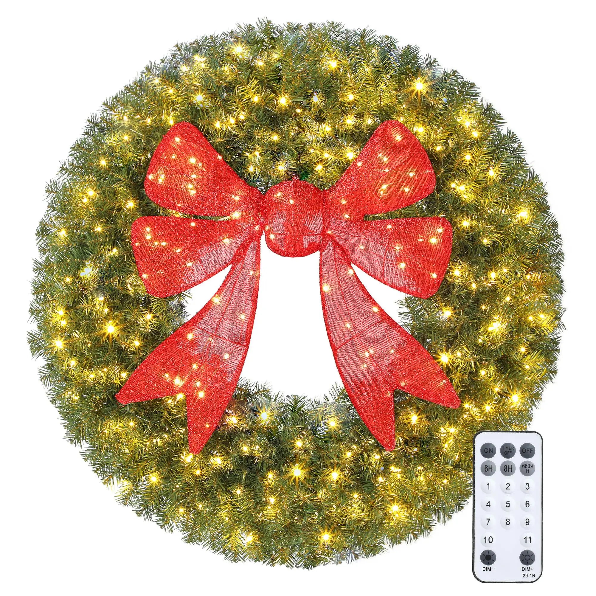 36in Pre-Lit Christmas Wreath, 3D Red Bow, 11 Lighting Modes, Remote, Red Christmas Wreaths Green at Gallery Canada