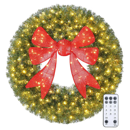 36in Pre-Lit Christmas Wreath, 3D Red Bow, 11 Lighting Modes, Remote, Red Christmas Wreaths Green at Gallery Canada
