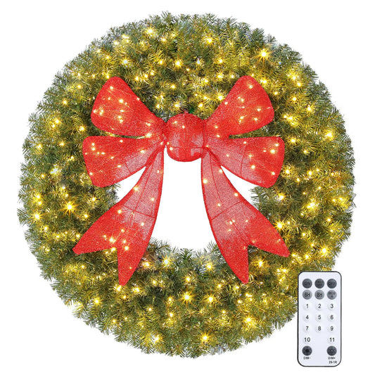 36in Pre-Lit Christmas Wreath, 3D Red Bow, 11 Lighting Modes, Remote, Red Christmas Wreaths Green at Gallery Canada