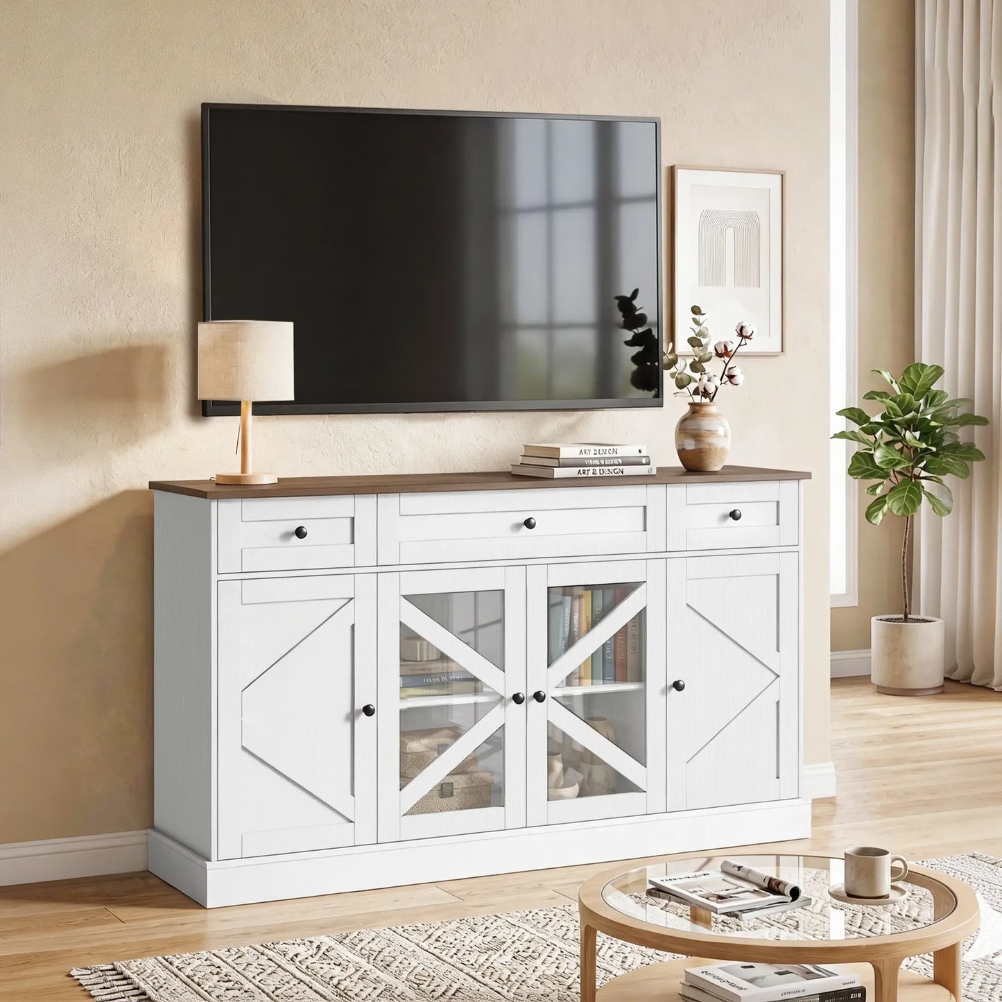 Farmhouse Sideboard Buffet Cabinet, 54", White Wood Grain Storage Cabinets at Gallery Canada