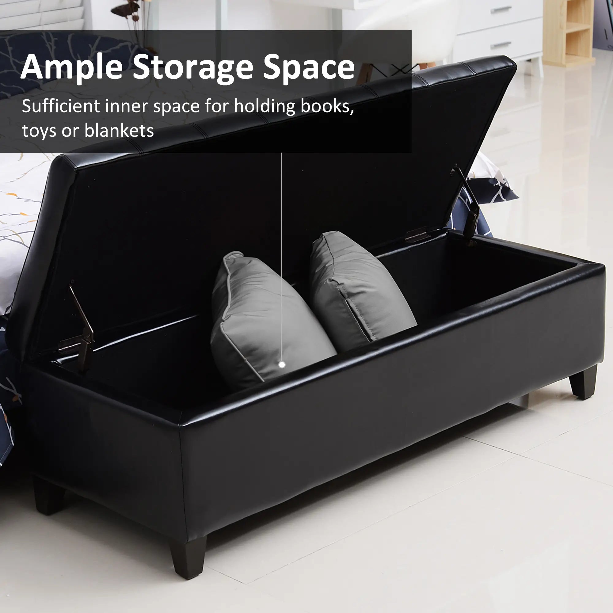 Storage Ottoman Bench, 51 Inches, PU Leather Foot Rest, Black Storage Ottomans & Benches at Gallery Canada