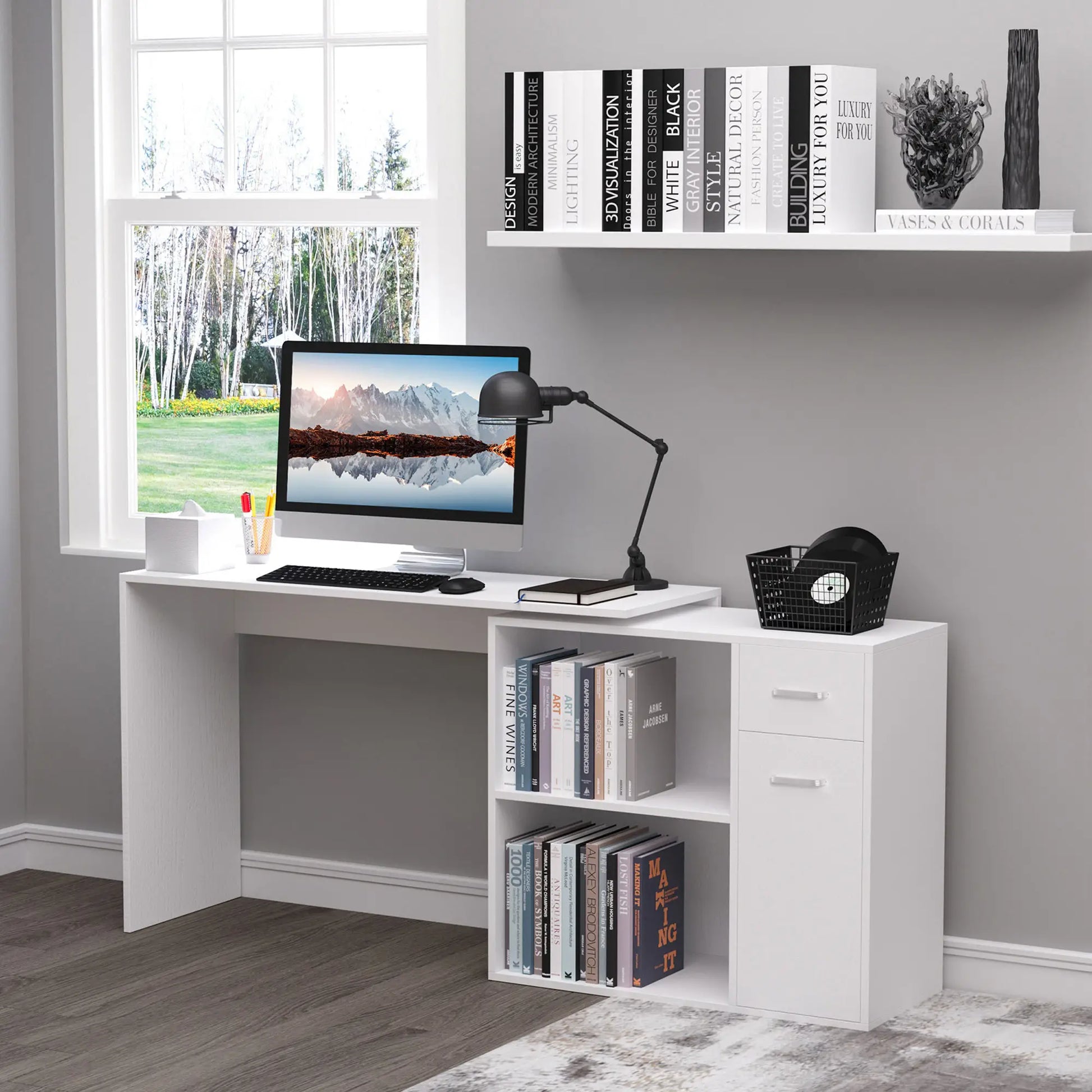 180° Rotating Corner Desk, Storage Shelf Cabinet, White Writing Desks at Gallery Canada
