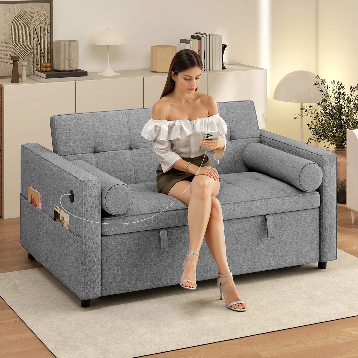 Pull Out Sofa Bed, Sleeper Couch with USB, Small Linen Loveseat, Grey 2-Seater Sofas at Gallery Canada
