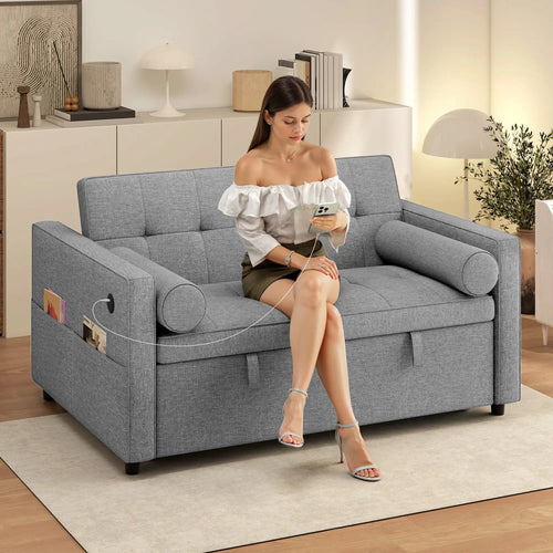 Pull Out Sofa Bed, Sleeper Couch with USB, Small Linen Loveseat, Grey