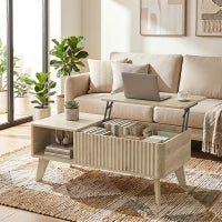 Table basse relevable cannelée de 40 pouces, rangement, chêne