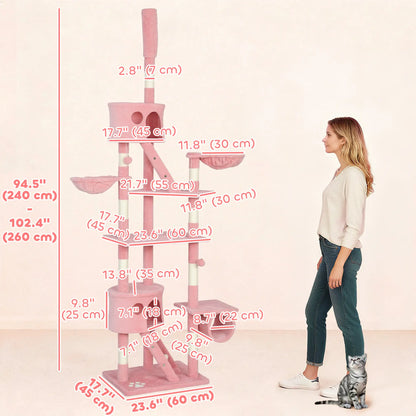 94"-102" Floor To Ceiling Cat Tree, Multi-Level Play House, Pink