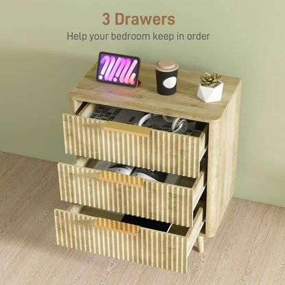 Fluted Chest of Drawers, Modern 3 Drawer Dresser with Pine Wood Legs, Oak Storage Cabinets at Gallery Canada