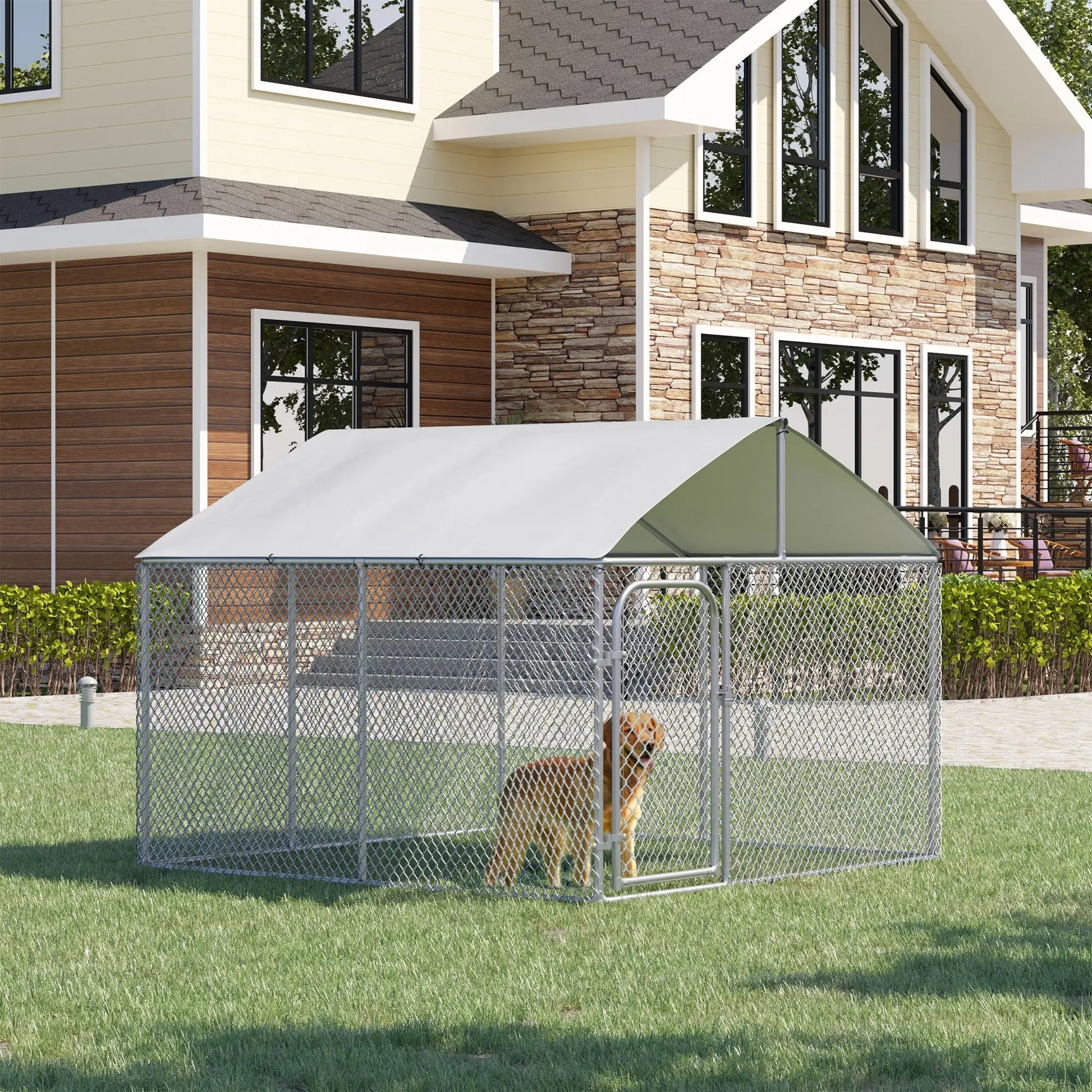Outdoor Dog Kennel With Roof, Waterproof UV-Resistant Cover, Secure Lock, 7.5' x 7.5' x 5.7' Houses, Kennels & Pens at Gallery Canada
