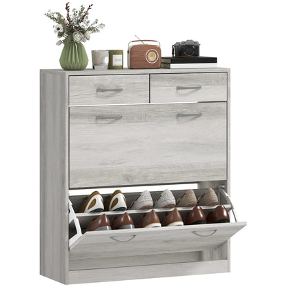 Rangement étroit pour chaussures, 2 tiroirs à rabat, étagères réglables, 12 paires, gris