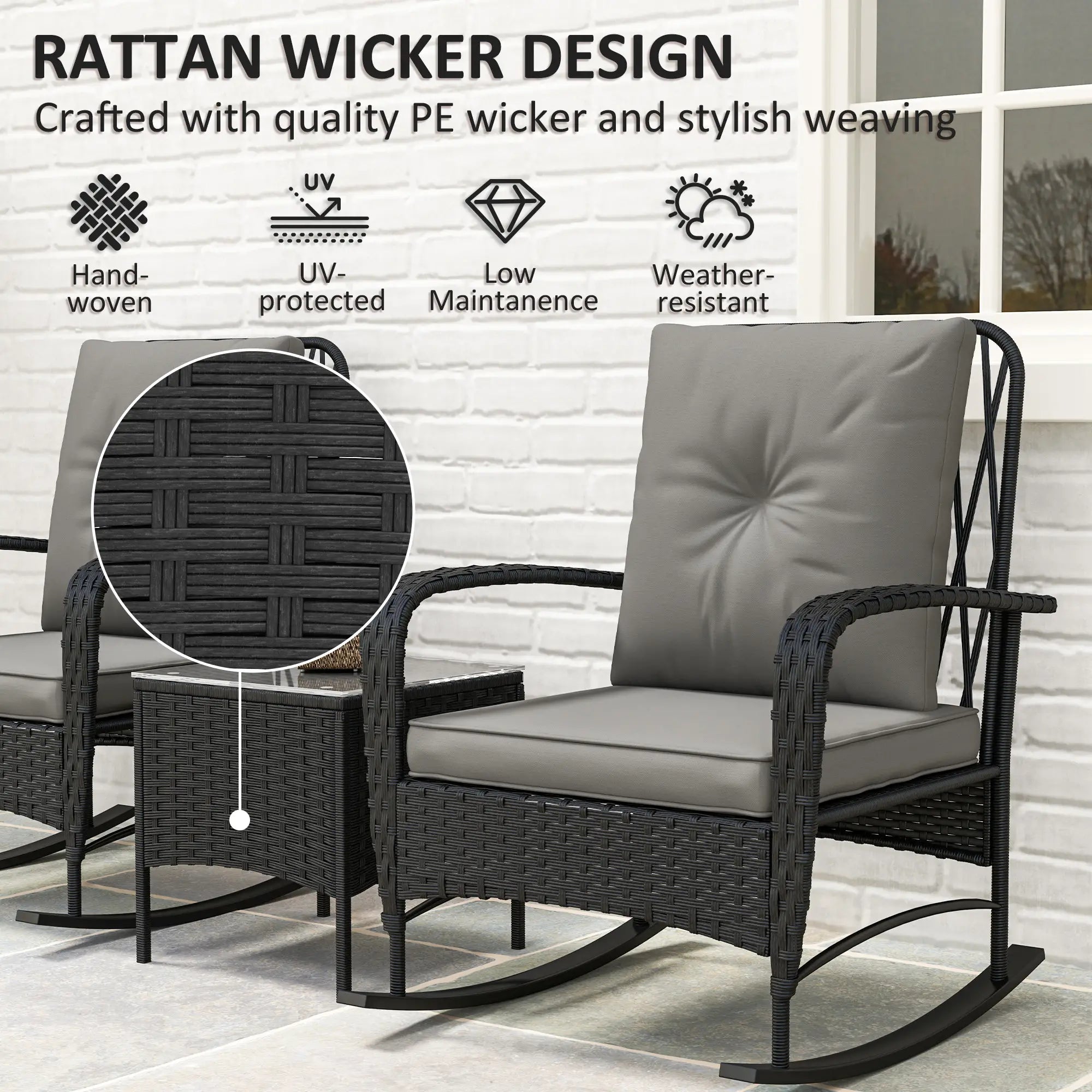 3pc Rattan Bistro Set, Wicker Patio Furniture, Rocking Chairs, Grey Bistro Sets at Gallery Canada