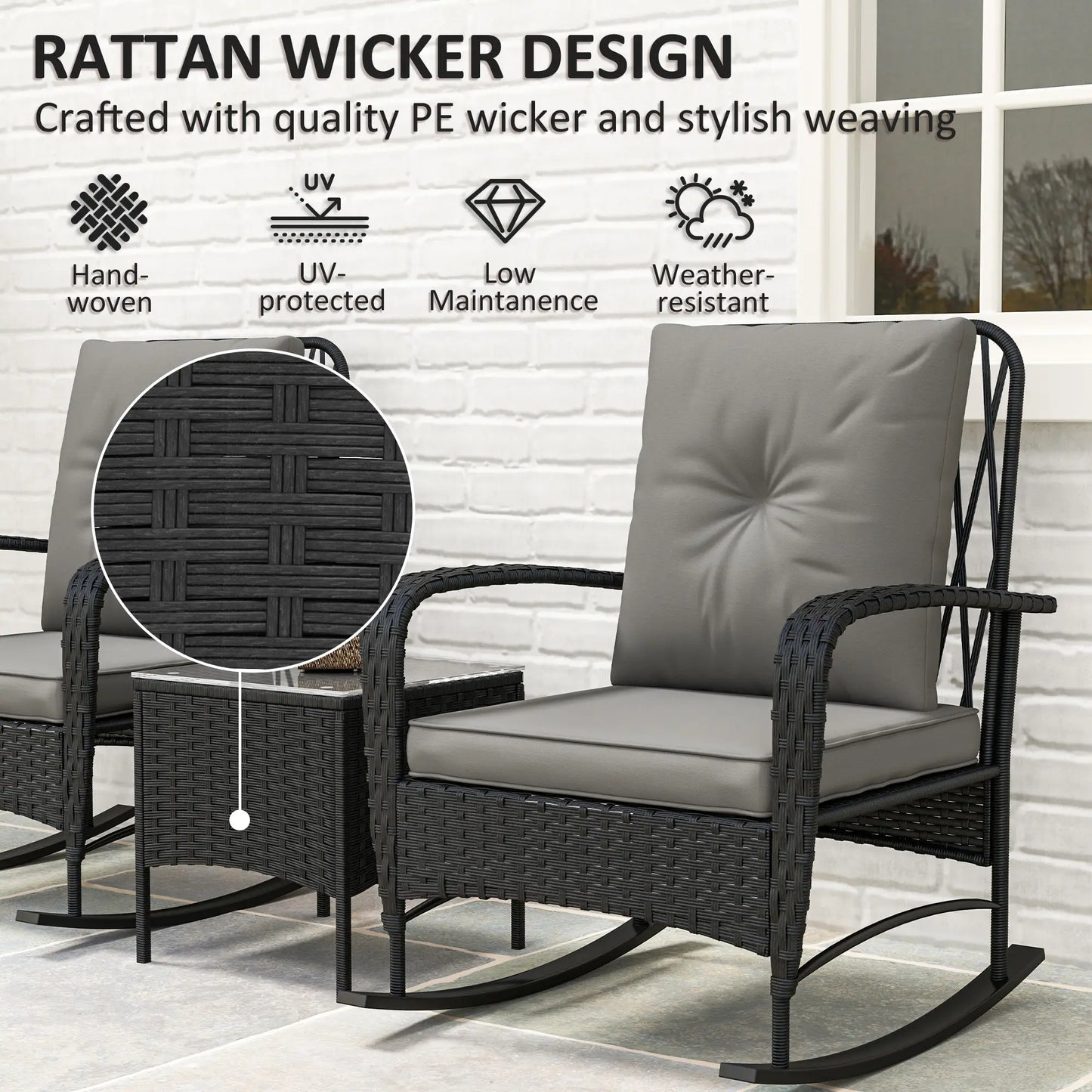 3pc Rattan Bistro Set, Wicker Patio Furniture, Rocking Chairs, Grey Bistro Sets at Gallery Canada