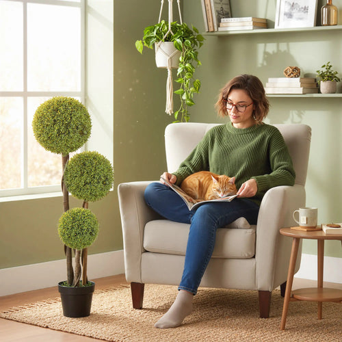 45 Inch Artificial Boxwood Topiary Tree, Set Of 2, Indoor Outdoor, Green