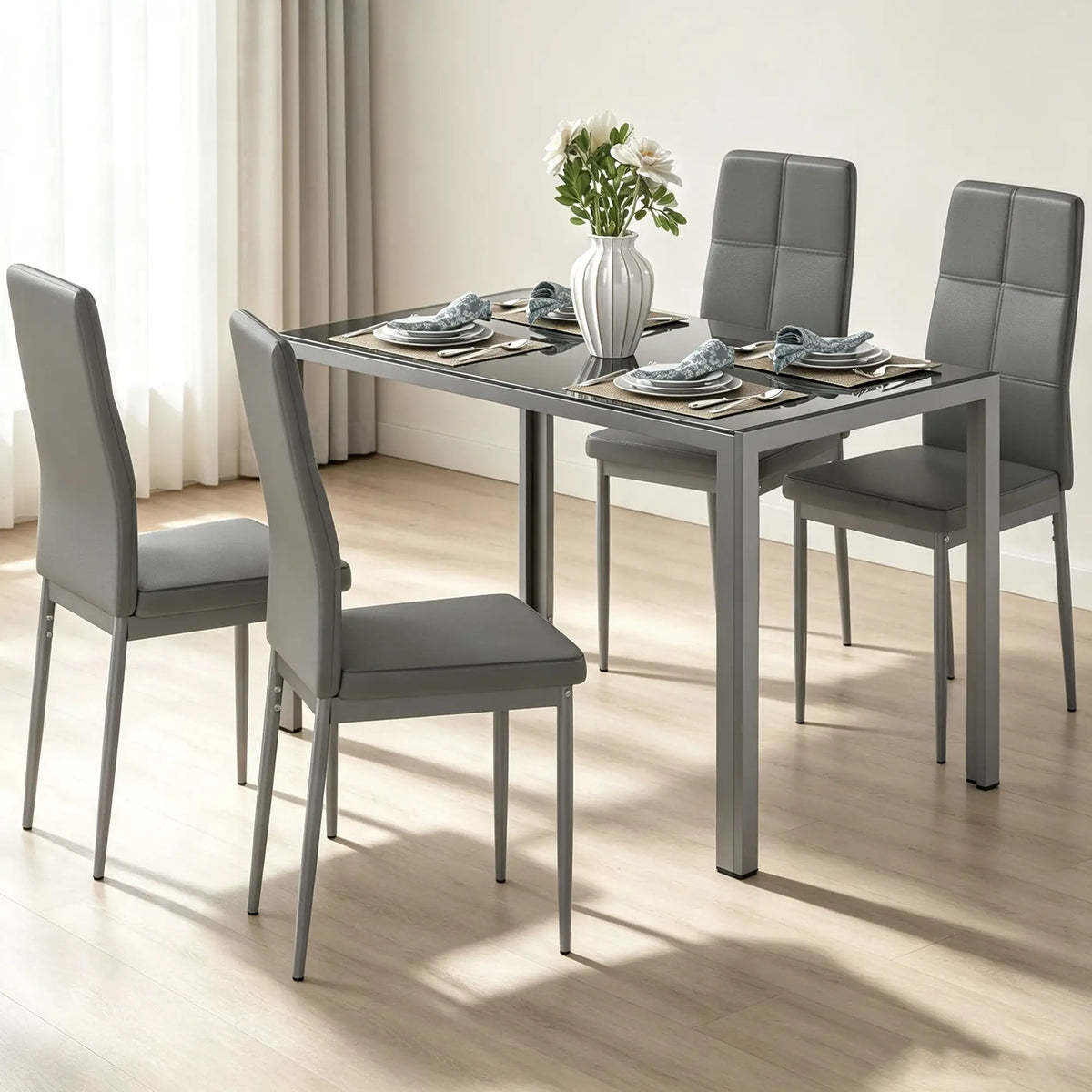 3-Piece Rectangular Glass Dining Table, Metal Frame, Faux Leather Chairs, Grey