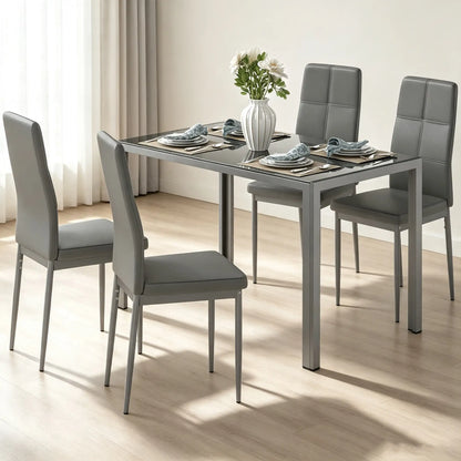 3-Piece Rectangular Glass Dining Table, Metal Frame, Faux Leather Chairs, Grey