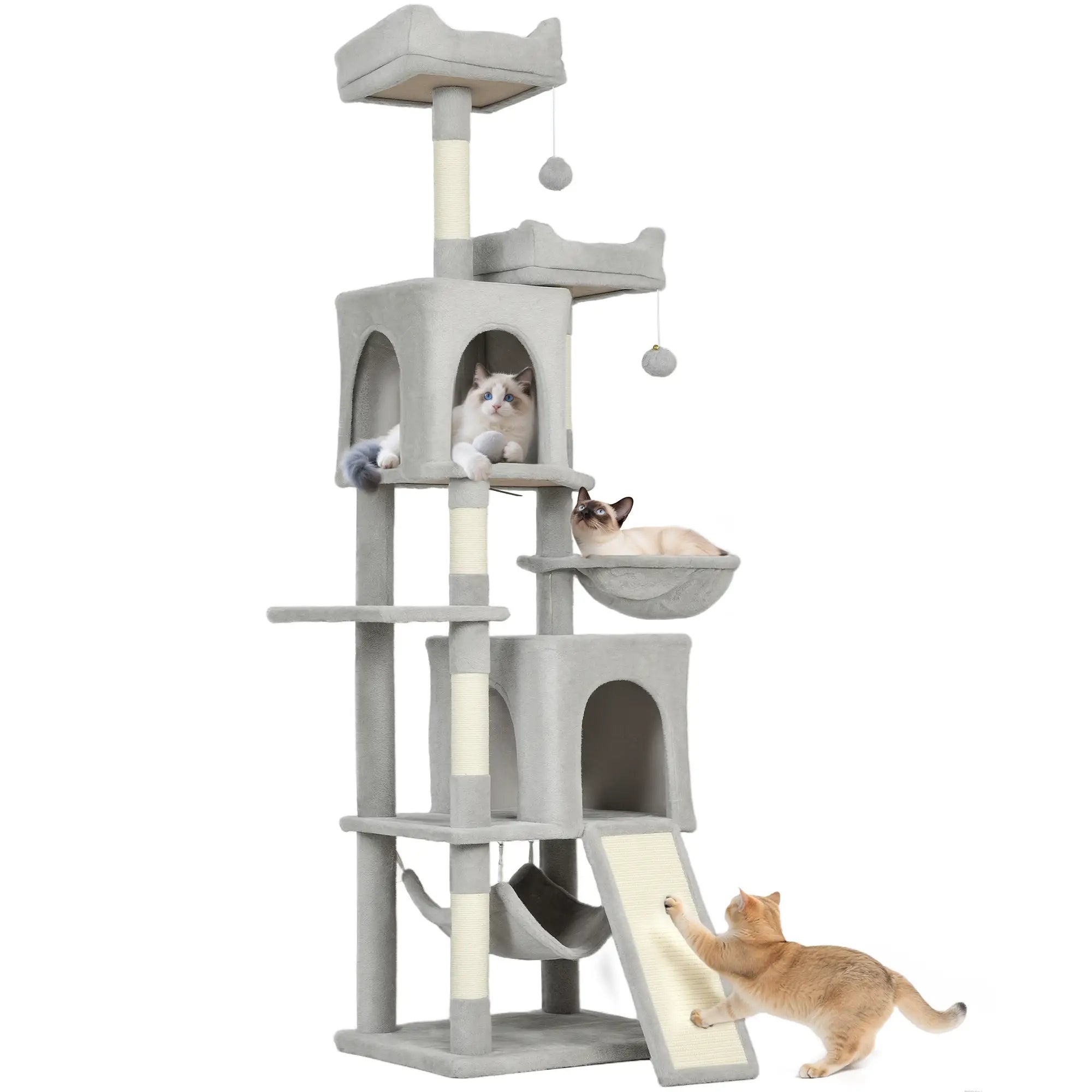 Cat Tree, 70 Inch Multi-Level Tower with Condos, Beds, Hammock, Light Grey Cat Towers at Gallery Canada