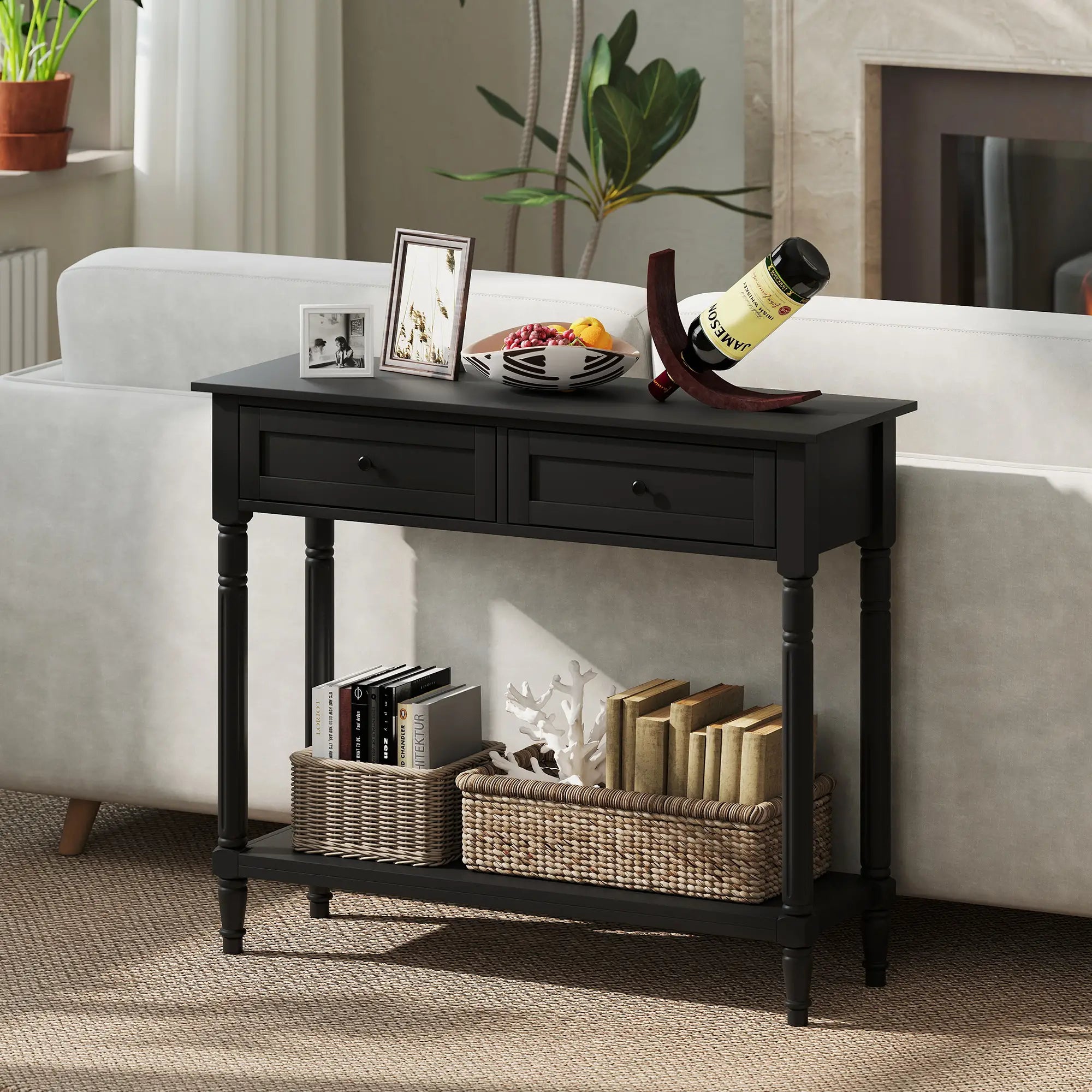 Modern Hallway Console Table, 2 Drawers, Storage Shelf, Turned Legs, Black Console Tables at Gallery Canada