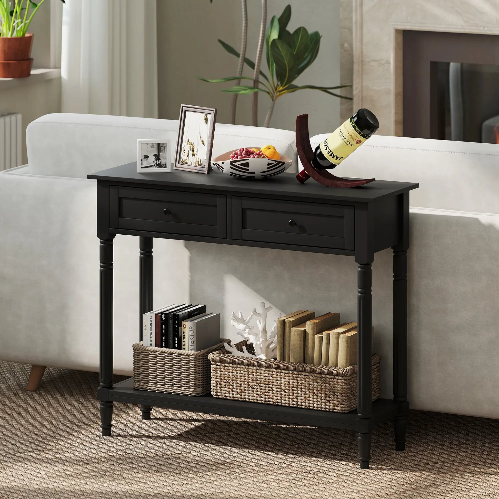 Modern Hallway Console Table, 2 Drawers, Storage Shelf, Turned Legs, Black Console Tables at Gallery Canada