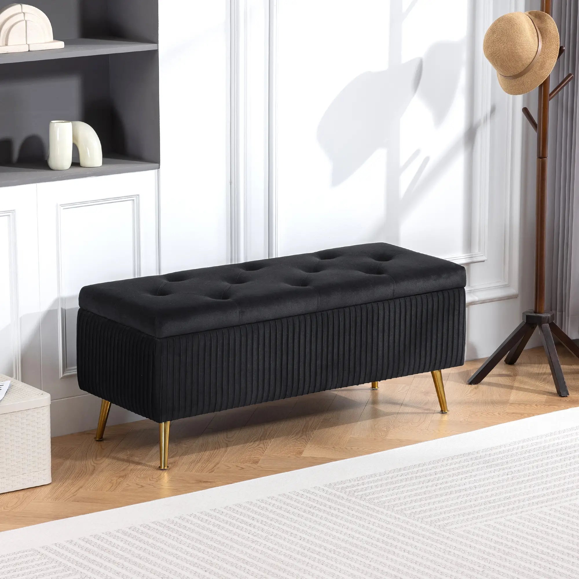 43 Inch Storage Ottoman Bench, Steel Legs, Padded Seat, Black Storage Ottomans & Benches at Gallery Canada