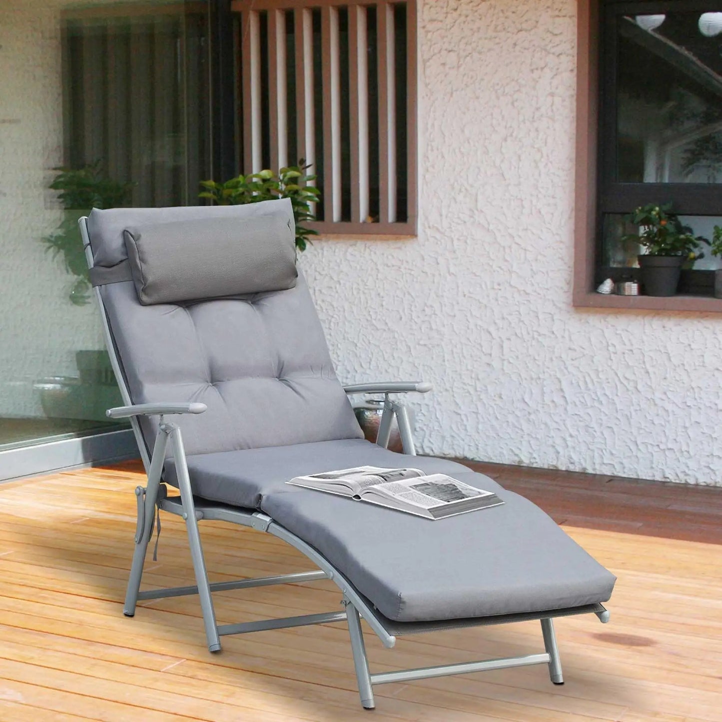 Outdoor Folding Chaise Lounge, Adjustable Backrest, Cushion, Headrest, Grey Lounger Chairs at Gallery Canada