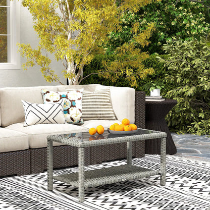 35" Outdoor Wicker Coffee Table, Glass Top, Storage Shelf, Dark Grey Coffee Tables at Gallery Canada