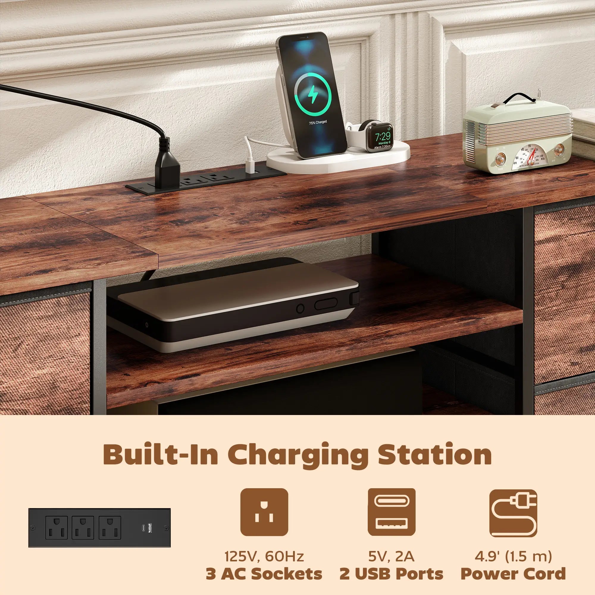 TV Stand For 65 Inch TVs, Industrial Console With Charging Station, 5 Drawers, Rustic Brown TV Stands at Gallery Canada