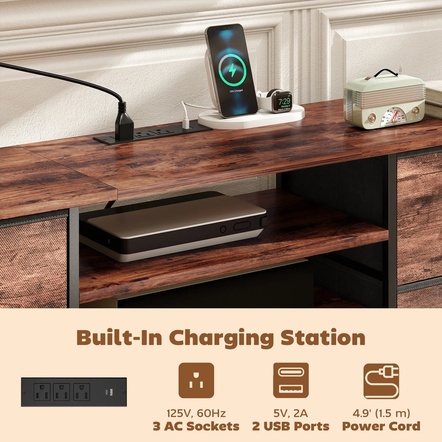 TV Stand For 65 Inch TVs, Industrial Console With Charging Station, 5 Drawers, Rustic Brown TV Stands at Gallery Canada