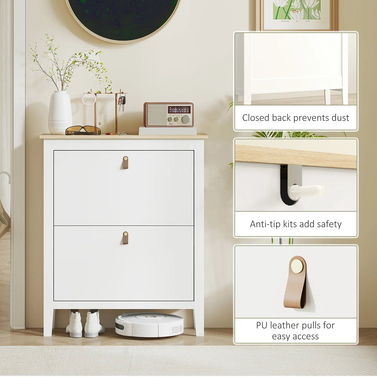 Narrow Shoe Cabinet, 2 Flip Drawers, Adjustable Shelves, Holds 10-14 Pairs, White