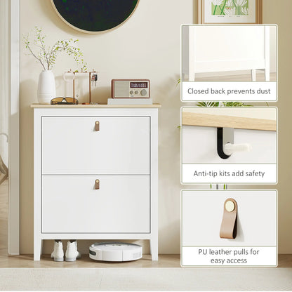 Narrow Shoe Cabinet, 2 Flip Drawers, Adjustable Shelves, Holds 10-14 Pairs, White