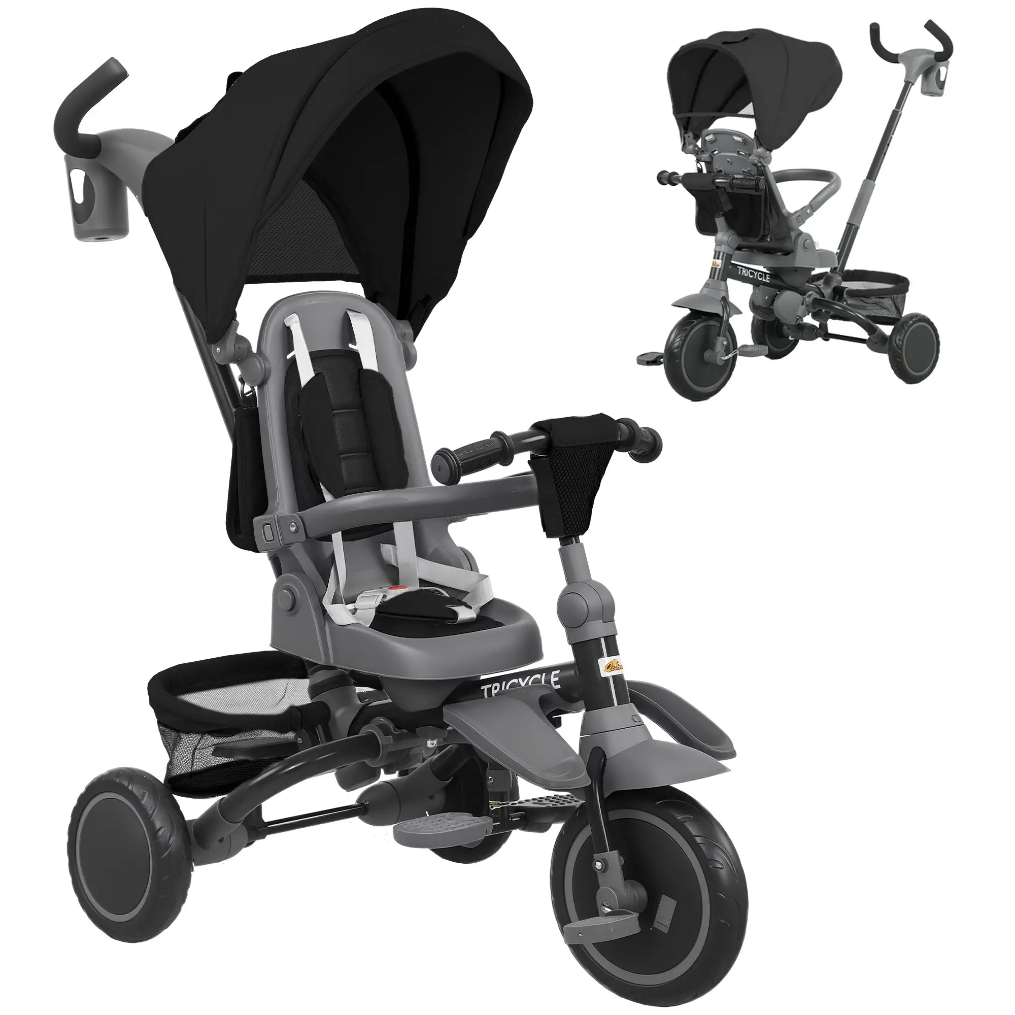 6 in 1 Toddler Tricycle, Push Handle, Removable Canopy, Rotatable Seat, Black Tricycles for Kids at Gallery Canada