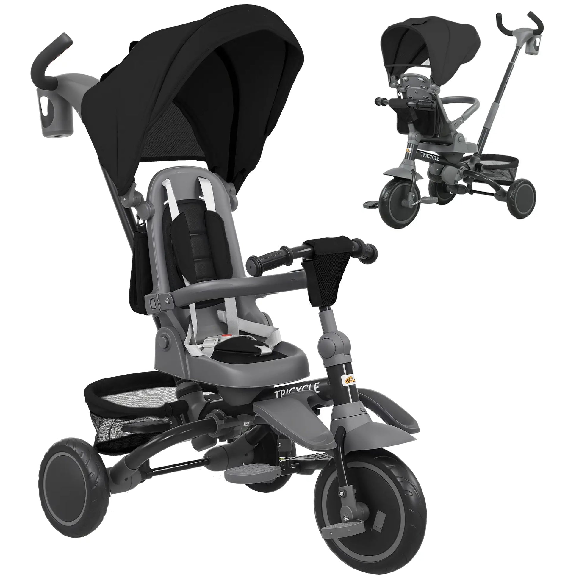 6 in 1 Toddler Tricycle, Push Handle, Removable Canopy, Rotatable Seat, Black Tricycles for Kids at Gallery Canada