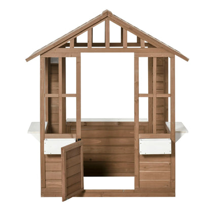 Kids Wooden Playhouse, Outdoor Cottage with Flower Pot Holder, Brown Play Houses Brown at Gallery Canada