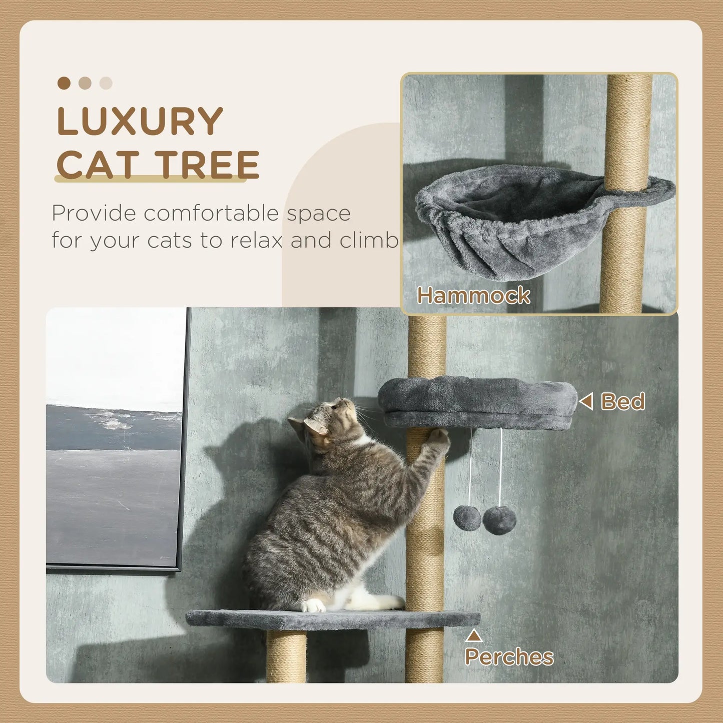 90.5" - 98.5" Cat Tree Tower, Scratching Post, Platforms, Bed, Hammock, Grey Floor to Ceiling Cat Trees at Gallery Canada