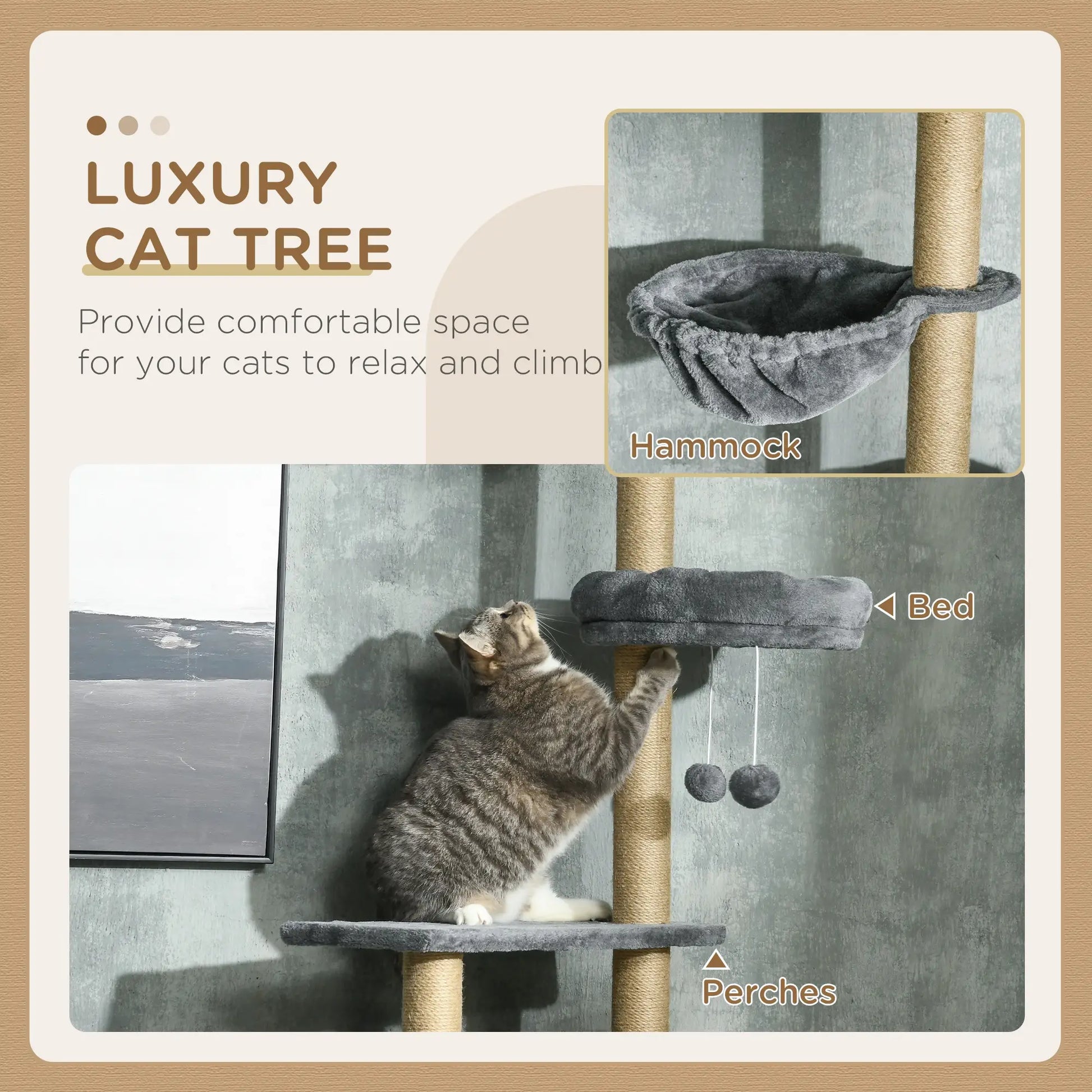 90.5" - 98.5" Cat Tree Tower, Scratching Post, Platforms, Bed, Hammock, Grey Floor to Ceiling Cat Trees at Gallery Canada