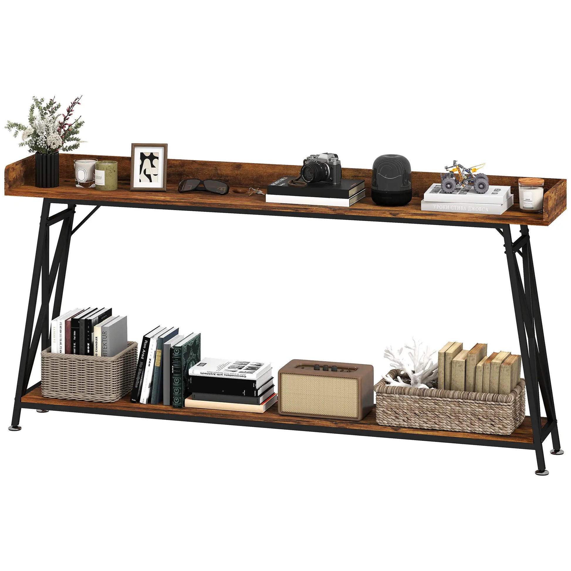 71 Inch Extra Long Console Table with Storage Shelf, Rustic Brown Console Tables Rustic Brown, Black at Gallery Canada