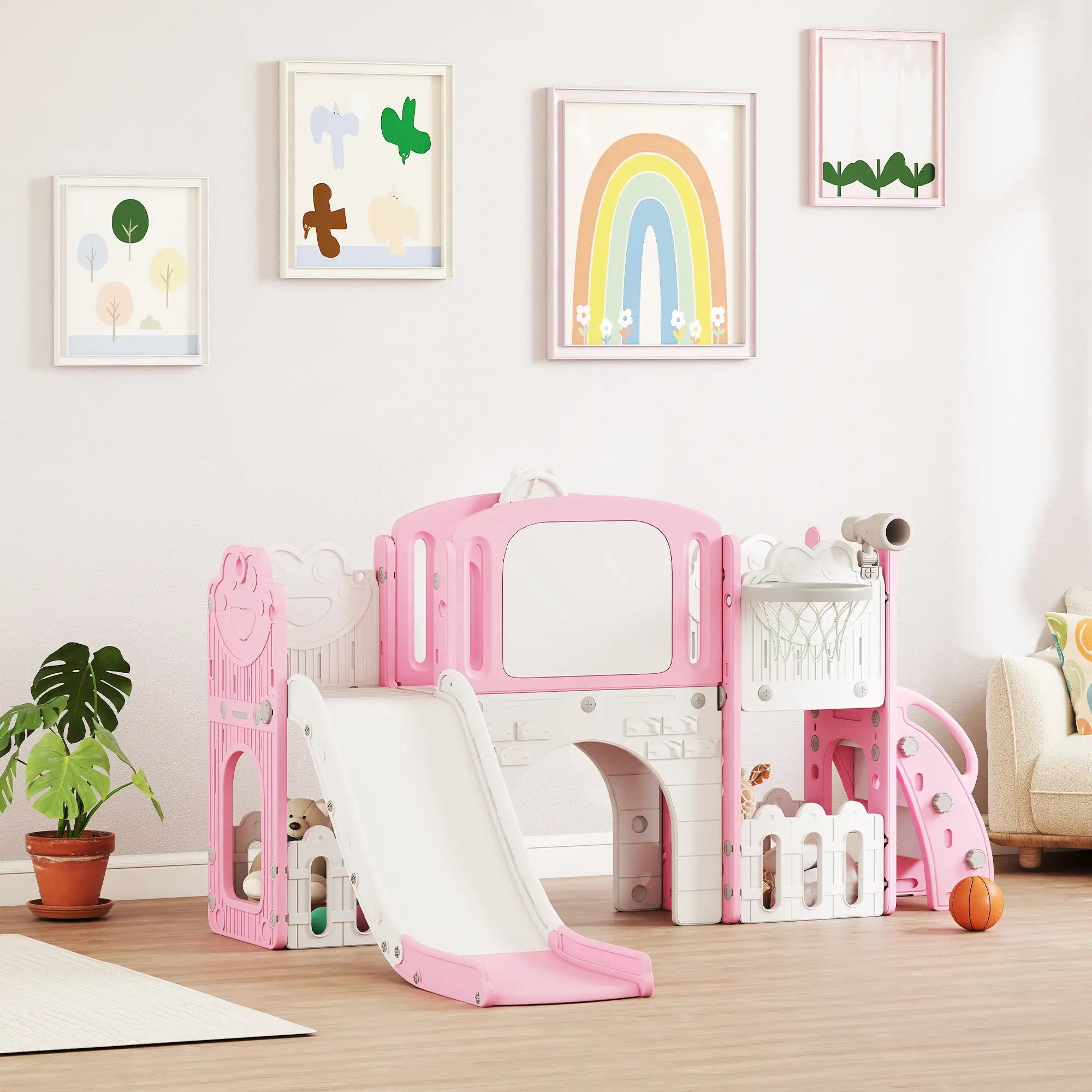 7 In 1 Toddler Slide With Basketball Hoop, Climbing Frame, Telescope, Drawing Board, Storage Box, Pink Gym Sets & Swings at Gallery Canada