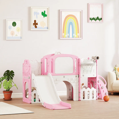 7 In 1 Toddler Slide With Basketball Hoop, Climbing Frame, Telescope, Drawing Board, Storage Box, Pink Gym Sets & Swings at Gallery Canada